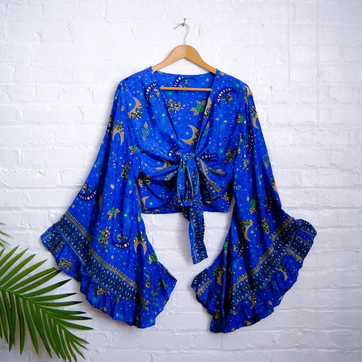 Karma Nepal Crafts - Wholesale Blouse - Dames - Hemelse wikkeltop met ronde mouwen en ruches in Boheemse stijl12