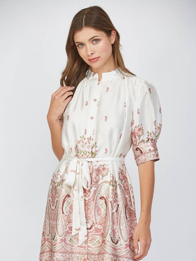 CREAM MULTI BORDER PRINT SATIN SELF WAIST TIE BUTTON FRONT DRESS FD30317 for wholesale on Faire