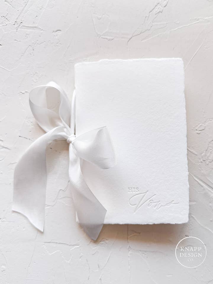 HIS Wedding Vow Booklet - White handmade paper w/silk ribbon for wholesale by Knapp Design Co.