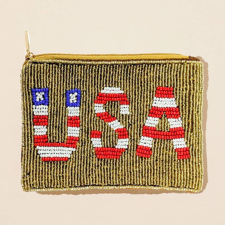 American USA Flag Message Seed Beaded Mini Pouch Bag for wholesale by Sensibling Corp.
