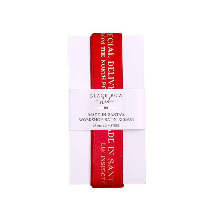 Made In Santa's Workshop Christmas Red Ribbon - 3m for wholesale by Black Bow Studio