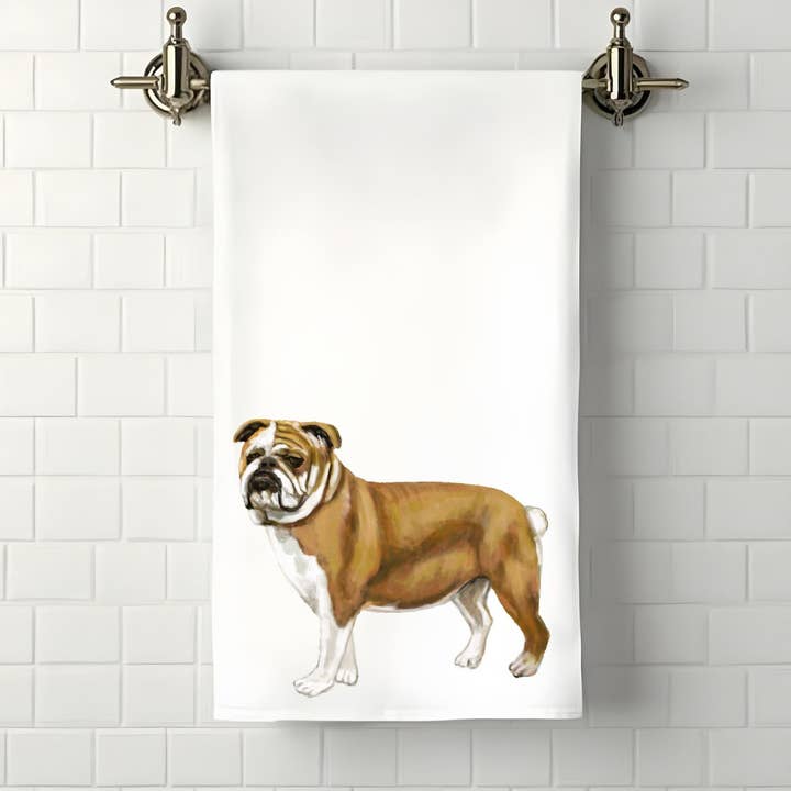 Bulldog Bathroom Towel for wholesale by MerikaArt