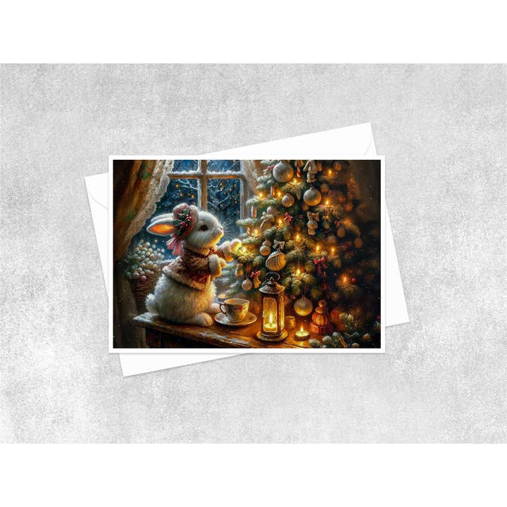 Holly Hop Bunny Trimming the Tree Blank Card 152AS for wholesale by Salty Alyce