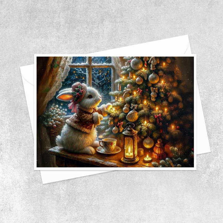 Salty Alyce - Wholesale Christmas Card - Holly Hop Bunny Trimming the Tree Blank Card 152AS