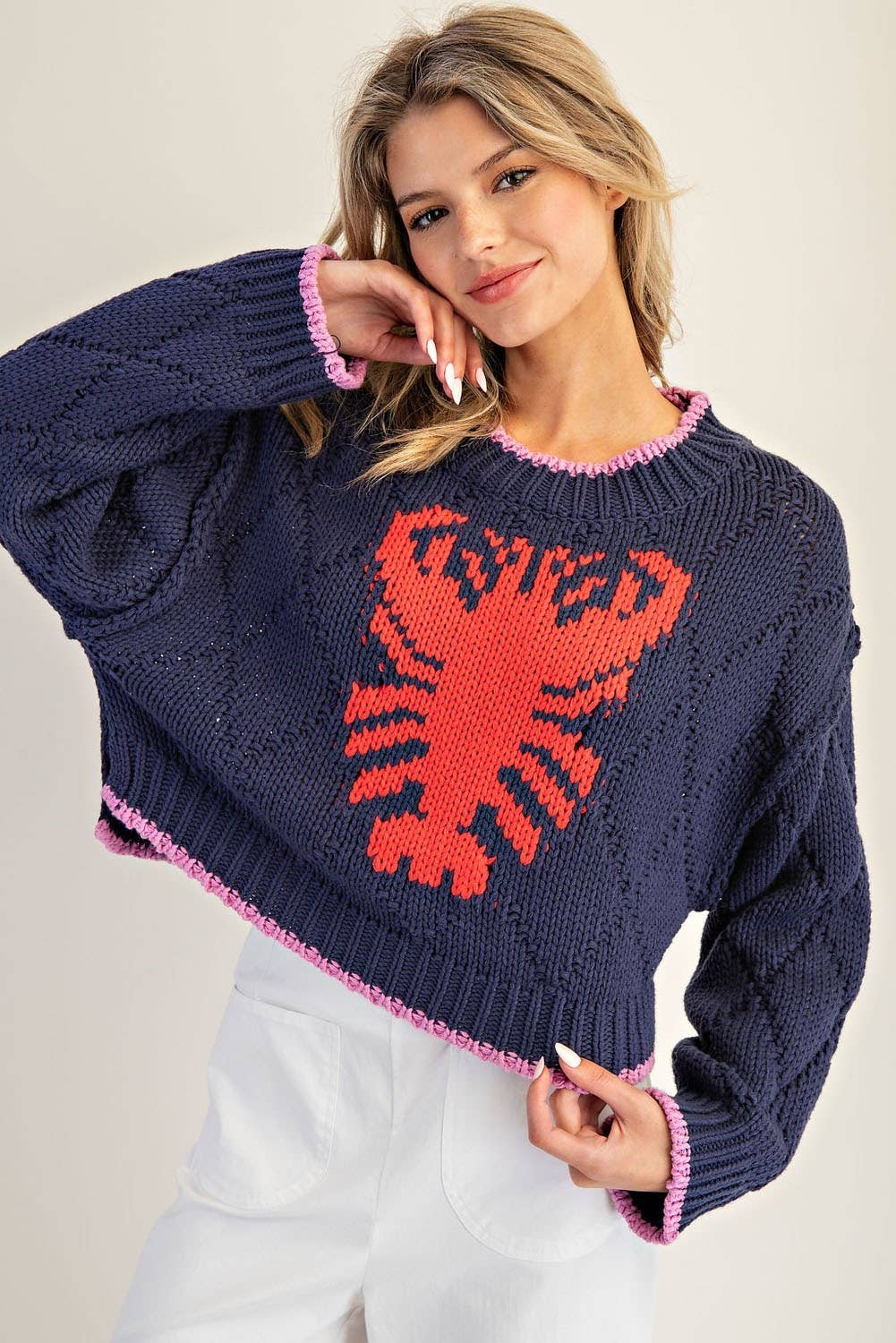 Peace Love Line - Wholesale Knit Sweater - Women's - PL8369 - LOBSTER INTARSIA KNIT CROPPED SWEATER1