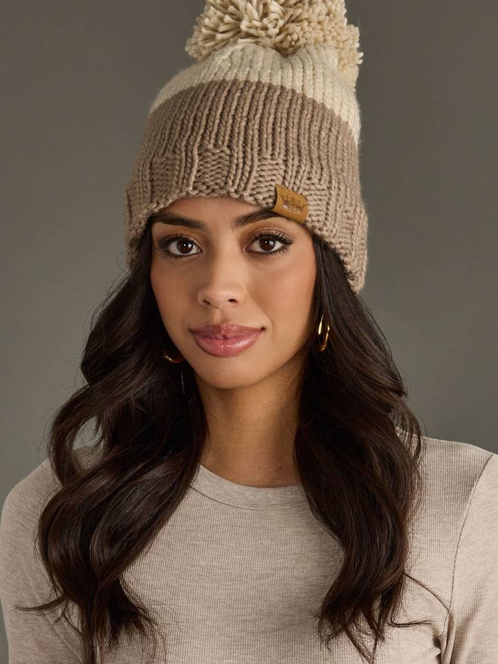 Beige & Taupe Color Block Pom Hat for wholesale by Panache Apparel Co.