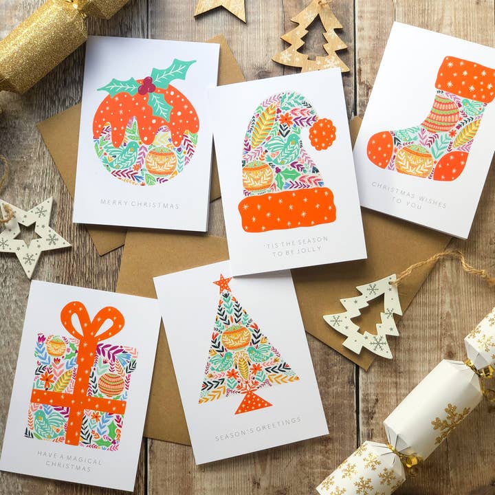 Pack of 5 Recycled Folk Christmas Cards for wholesale by The Sunshine Bindery