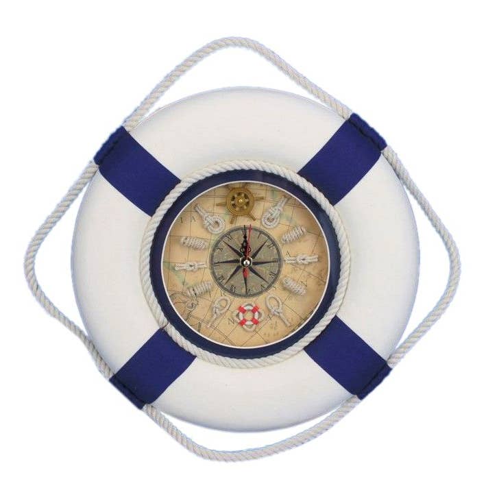 Hampton Nautical – wholesale Wall clock – Classic White Decorative Lifering Clock with Blue Bands 12"