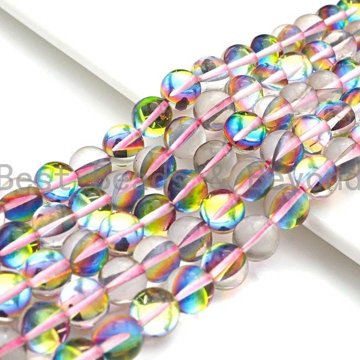Aura cuarzo espectrolita arcoíris rosáceo, cuentas redondas de 8 mm/10 mm, sku #U599 para venta al por mayor de BestBeads&Beyond