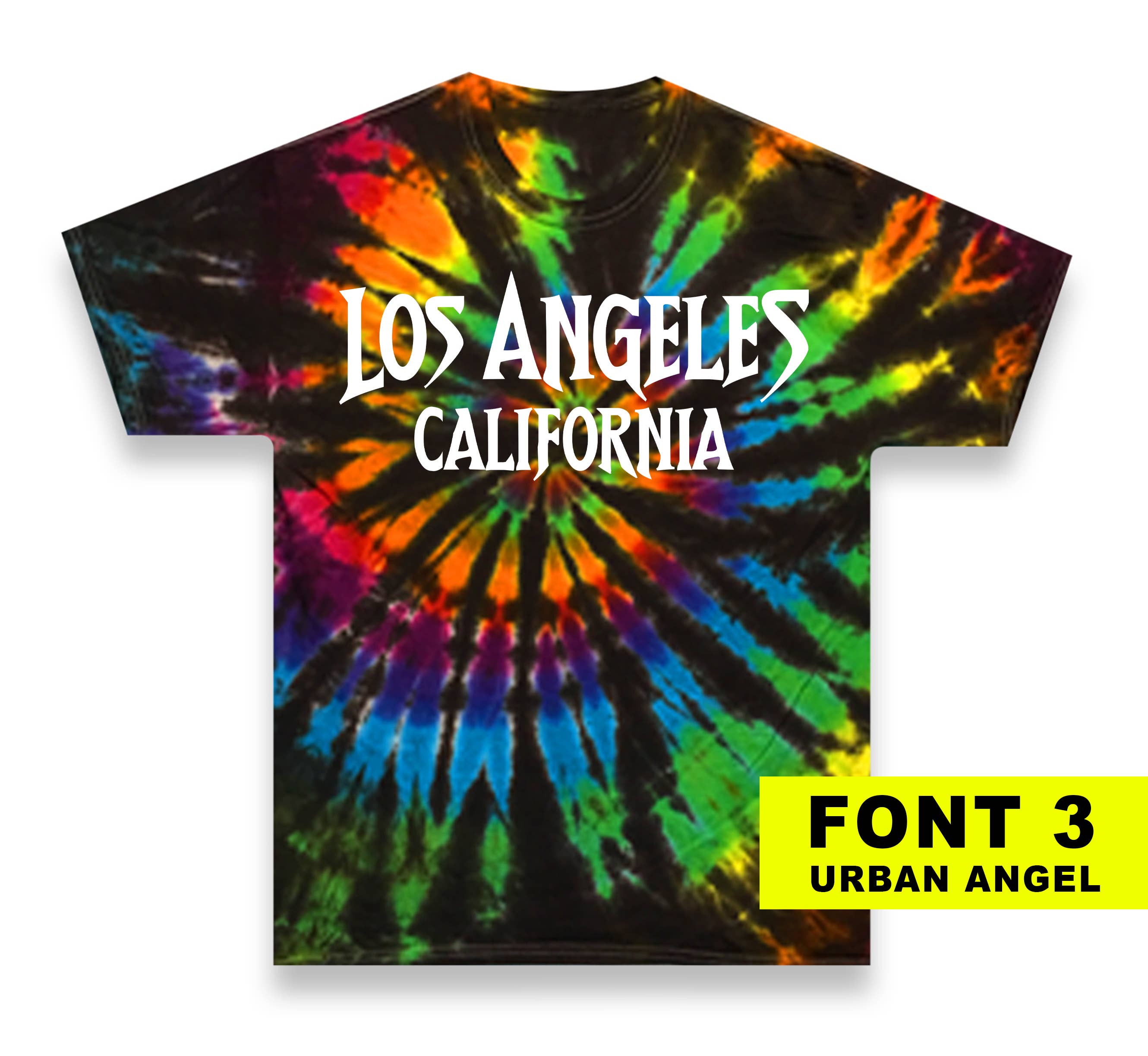 Eye-Dye – Großhandel T-Shirt mit Siebdruck – Unisex – Kundenspezifischer Name Drop Black Rainbow Spiral Tie-Dye2