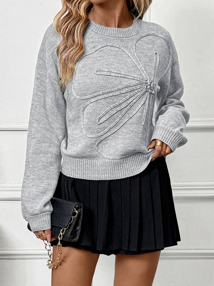 Gray 3D Floral Appliqué Knit Sweater with Crew Neck for wholesale on Faire2