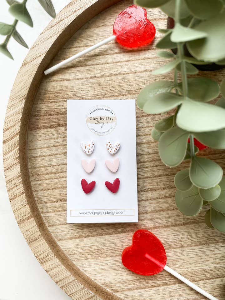 Heart Stud Trio #2- Polymer Clay Earrings Valentines  for wholesale by Clay by Day Designs