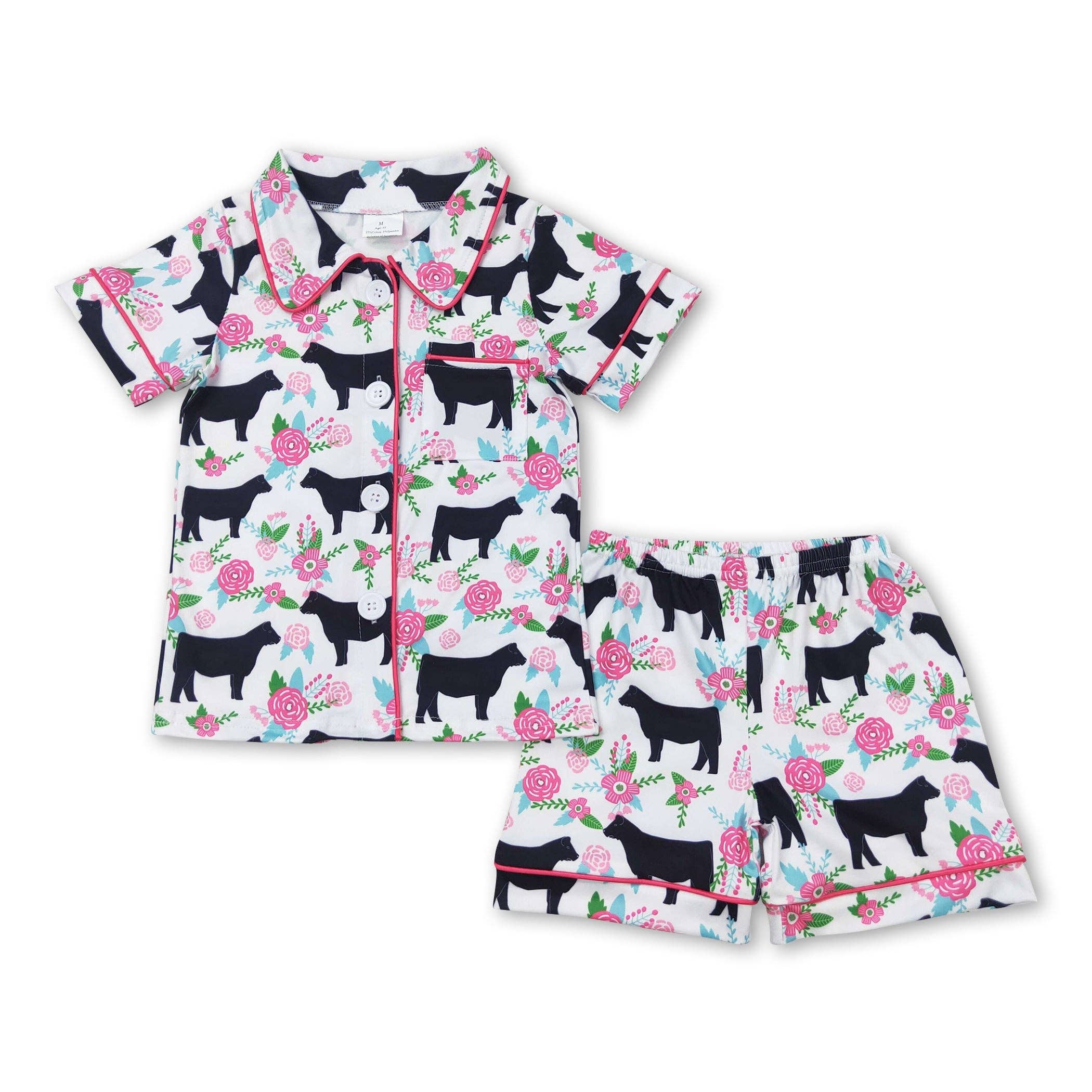 Yawoo Garments - Vente Haut et bas de pyjama – enfant - Pyjama d'été boutonné rose vache à fleurs pour enfants et filles0