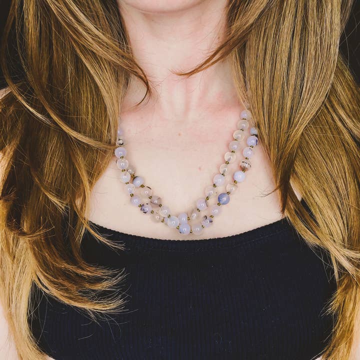 Montana Agate Hand Knotted 99 Bead Mala Necklace for wholesale by Copper Bug Jewelry