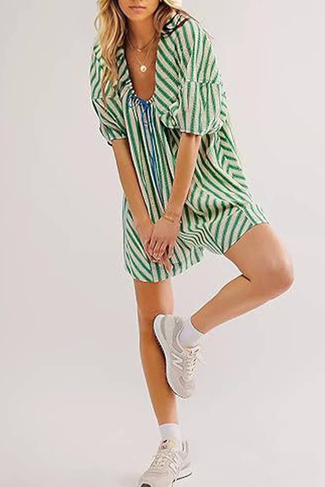 UNISHE - Wholesale Romper - Women's - Striped U Neck Front Tie Loose Romper ZK17013