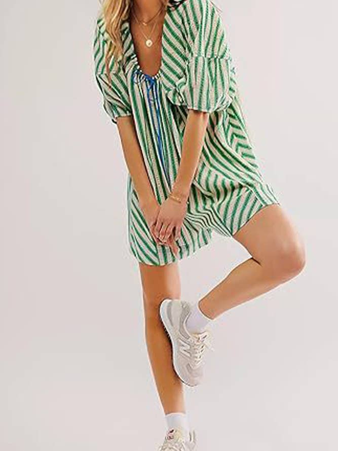 UNISHE - Wholesale Romper - Women's - Striped U Neck Front Tie Loose Romper ZK17013