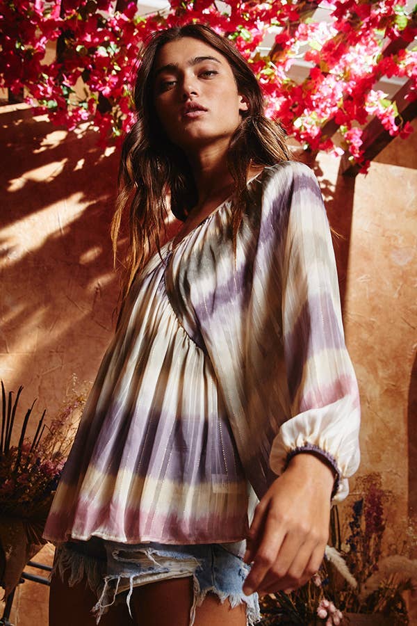 BLUSH CAMEL T1190-1C OUTLET SALE Ombre Lurex Chiffon Babydoll Blouse Top for wholesale on Faire9