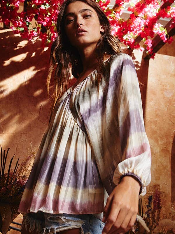 BLUSH CAMEL T1190-1C OUTLET SALE Ombre Lurex Chiffon Babydoll Blouse Top for wholesale on Faire9