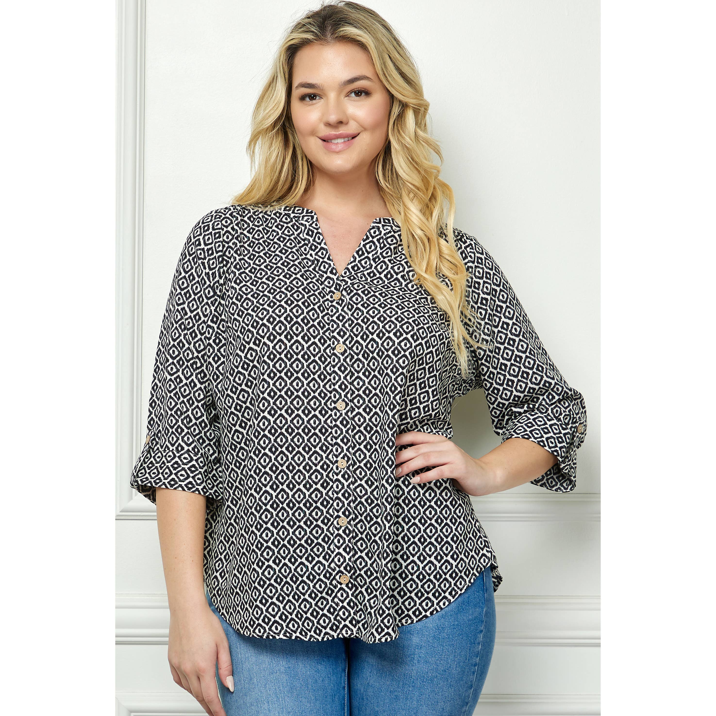 Ivory Black PLUS SIZE MANDARIN COLLAR  PLAKET  BLOUSE for wholesale on Faire0