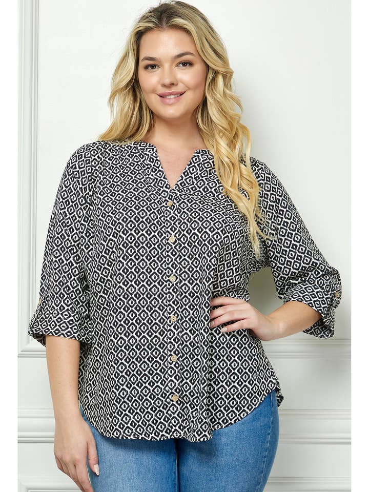 Ivory Black PLUS SIZE MANDARIN COLLAR PLAKET BLOUSE for wholesale on Faire
