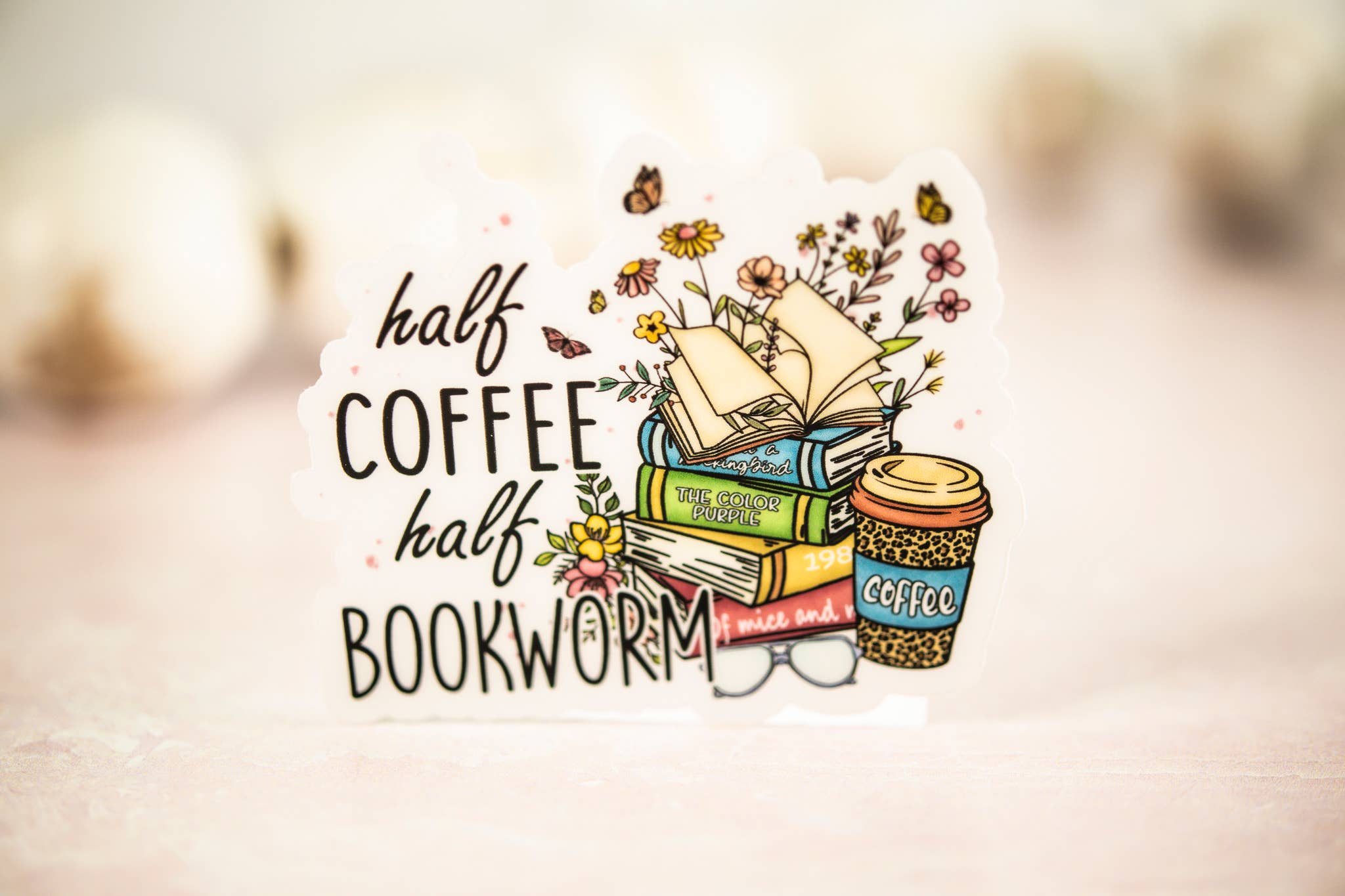 Savannah and James Co - Wholesale Sticker - Half Coffee Half Bookworm, Floral Vinyl Sticker, 3x3 in.