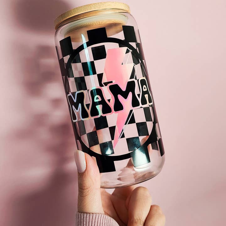 honeysheshome - Wholesale Drinking glass/cup - Glow In The Dark Checkered Mama Glass Cup1