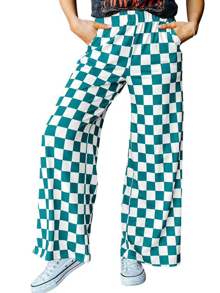 Rosa Clothing - Wholesale Pants - Women's - Casual Plaid Elastic Waist Wide Leg Pants