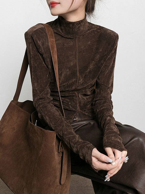 Sheer Trend - Venta al por mayor Blusa - Mujer - Camisetas de cuello alto y bajo de terciopelo de color liso con abertura en la parte delantera6