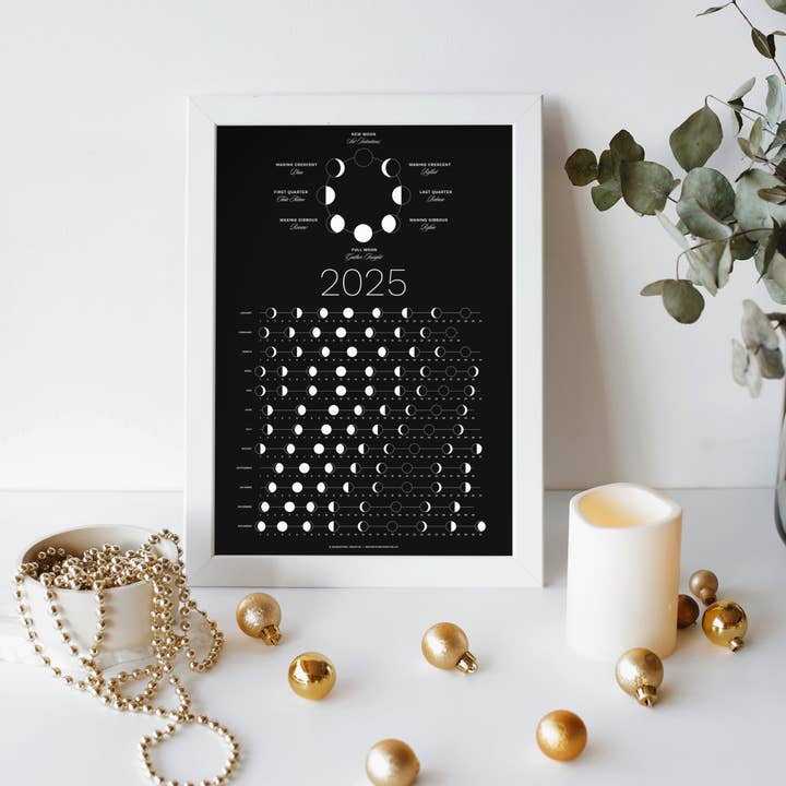Thankful Greetings - Vente Calendrier - Calendrier des phases de la lune 2025 - Impression lunaire foncée