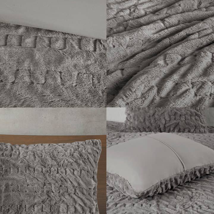 Olliix - Wholesale Bedding Set - Ruched Faux Fur All-Season Comforter Set, Grey