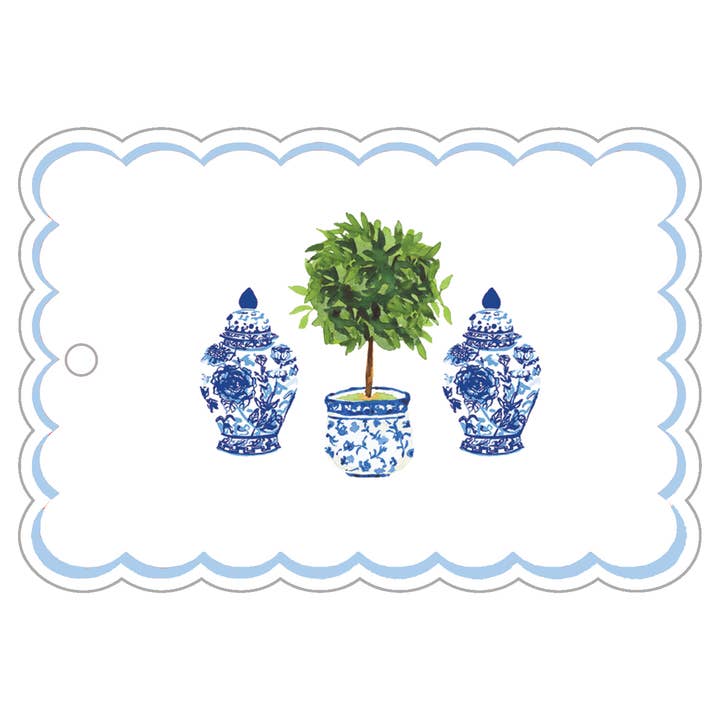 In Stock Chinoiserie Topiary Scallop Die-Cut Gift Tags for wholesale by WH Hostess Social Stationery