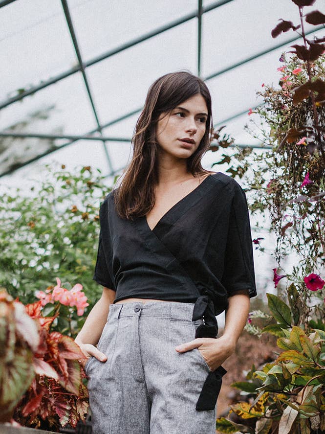 Catherine Surplice Top - Black Sheer for wholesale by CONRADO®