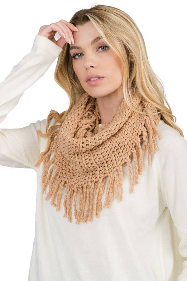 Cap Zone - Wholesale Scarf - Women's - Mesh Seed Stitch Knit Fray Trim Infinity Scarf5
