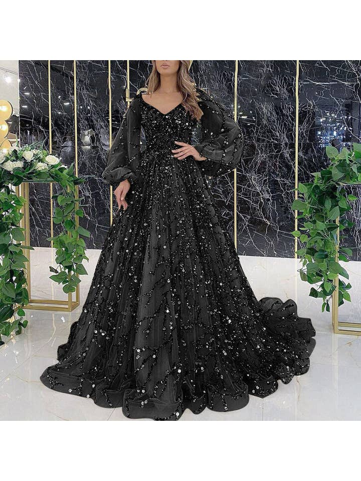 pinkblu02 - Wholesale Gown - Women's - Beaded Evening Gown Puff Sleeve Maxi Dresses