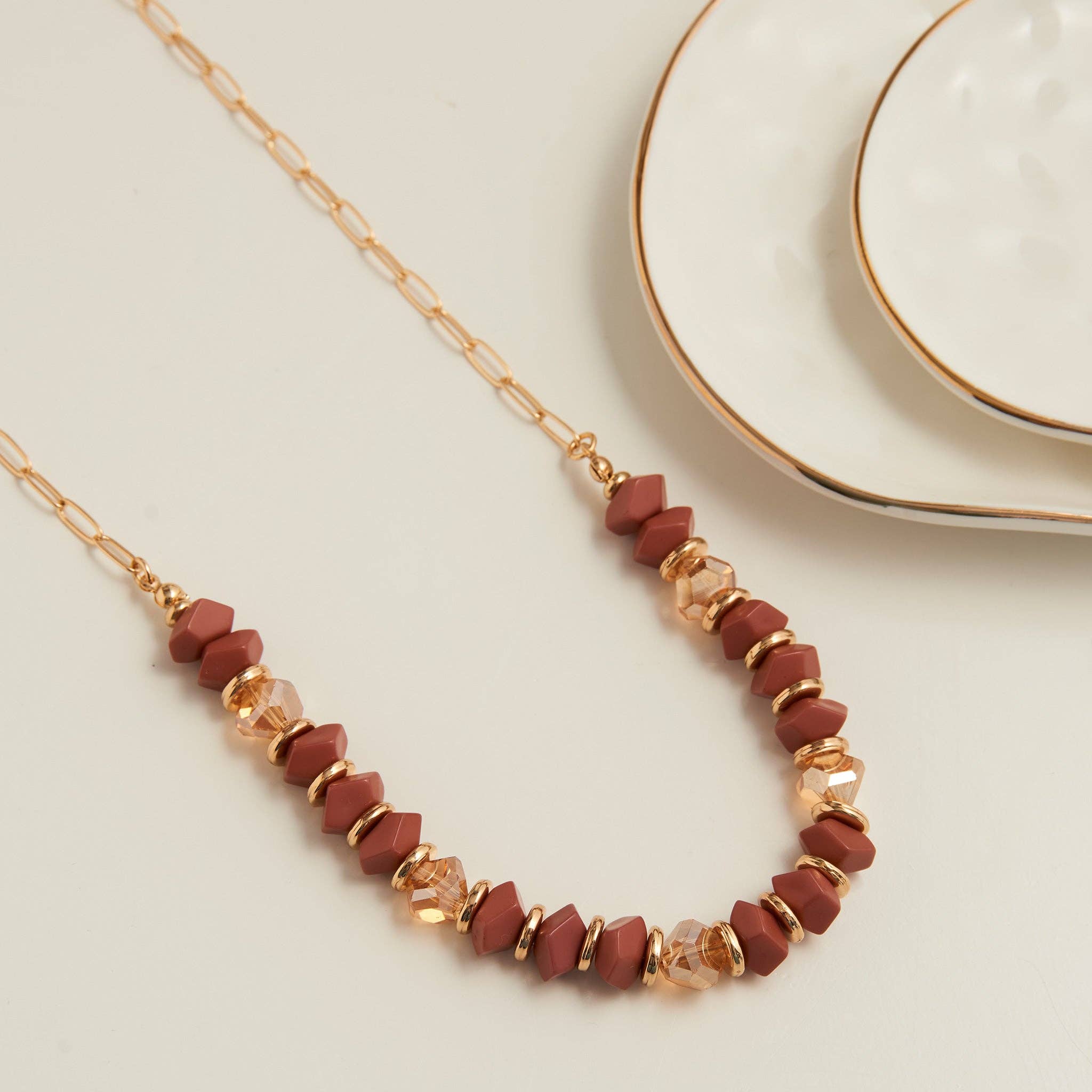 Elsie & Zoey - Wholesale Beaded/Pearl Necklace - Beaded Necklace Selene 18" Gold Paperclip Chain + Red Beads0