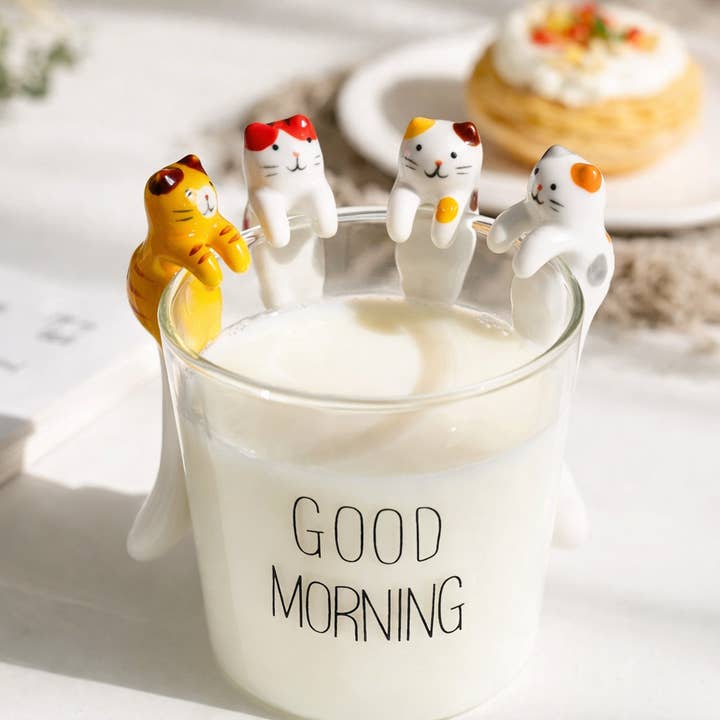 Ceramic Cat Shaped Tea Spoon Set – 4 Colors, Hang-on Cup Design for wholesale by 4 AM Product Design