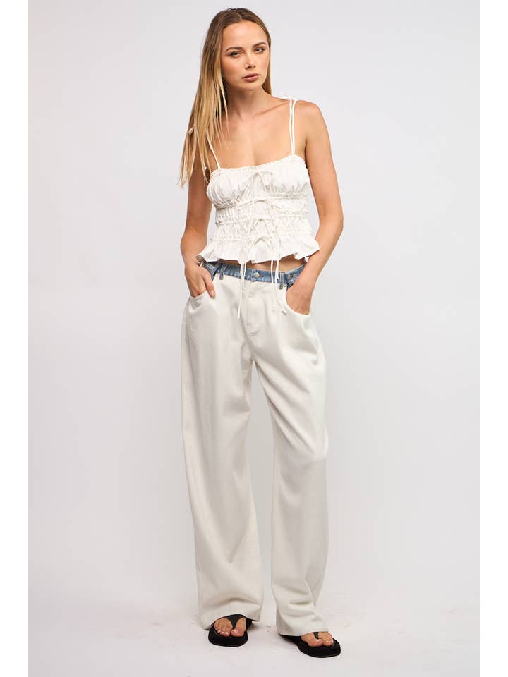 Sky to Moon - Wholesale Blouse - Women's - SOLID RUFFLE TRIM RUCHED TIERED TIES CROP TOP