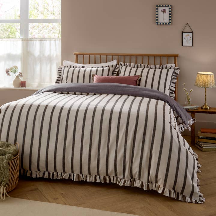 Connie Striped Ruffle Duvet Set Chocolate for wholesale by Riva Home