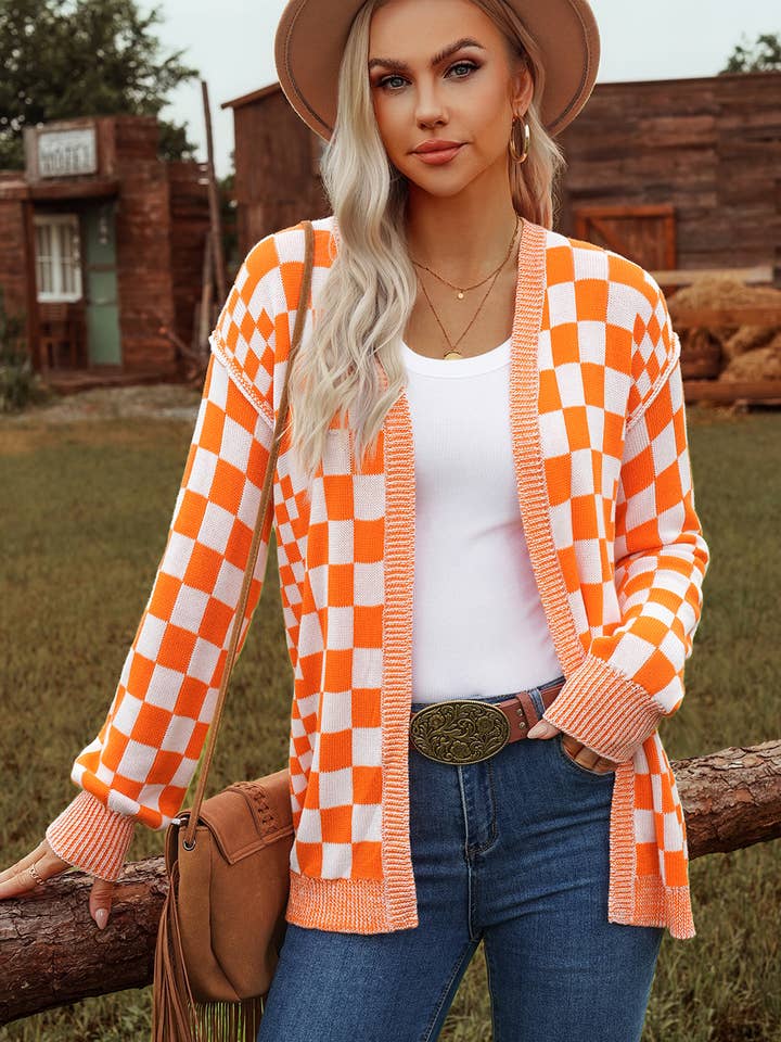 Checkered Open Front Drop Shoulder Cardigan for wholesale by fashionworks