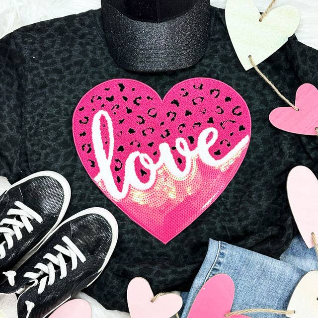 Leopard Love Sequin Heart Patch Black Leopard Shirt for wholesale by Trendy Tee Co.