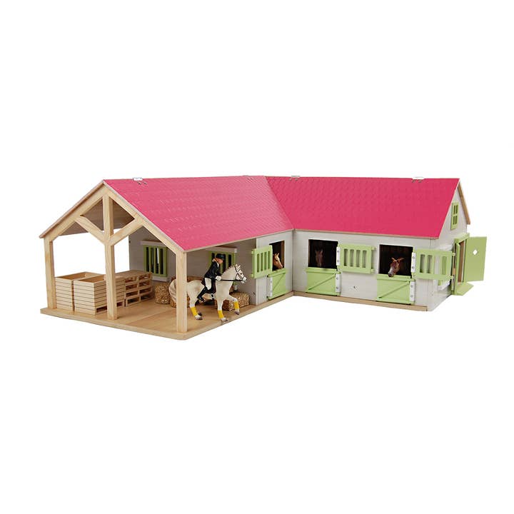 American Hobbies & Merchandising - Wholesale Wood Toy - Kids - Kids Globe 1:24 Scale Wood Horse stable Toy W/ 4 Stalls Pink