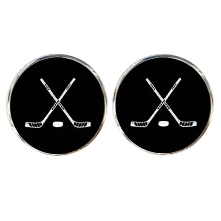 Crossed Ice Hockey Sticks Cufflinks - Black And White- for wholesale by Bassin And Brown