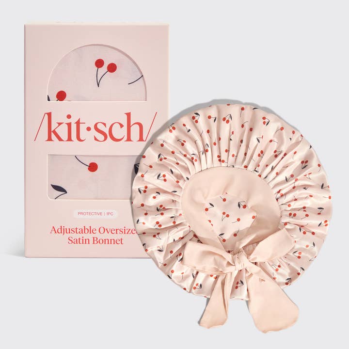 KITSCH - Wholesale Sleep Cap / Bonnet - Women's - Adjustable Oversized Satin Bonnet - Cherry Print