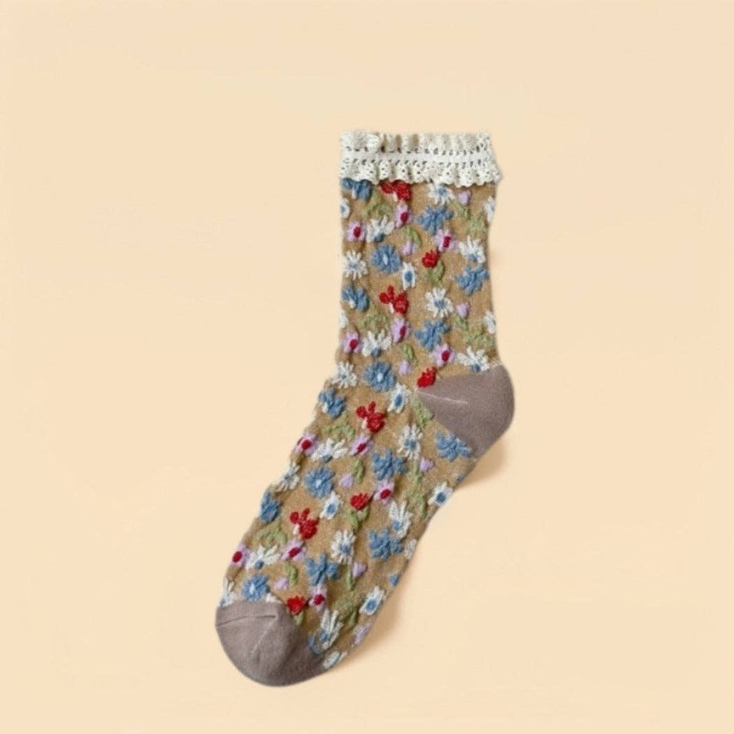 Funkyrel® Atzbranding Limited - Wholesale Socks - Women's - Rufia - Lace-Trim Vintage Floral Relief Socks2