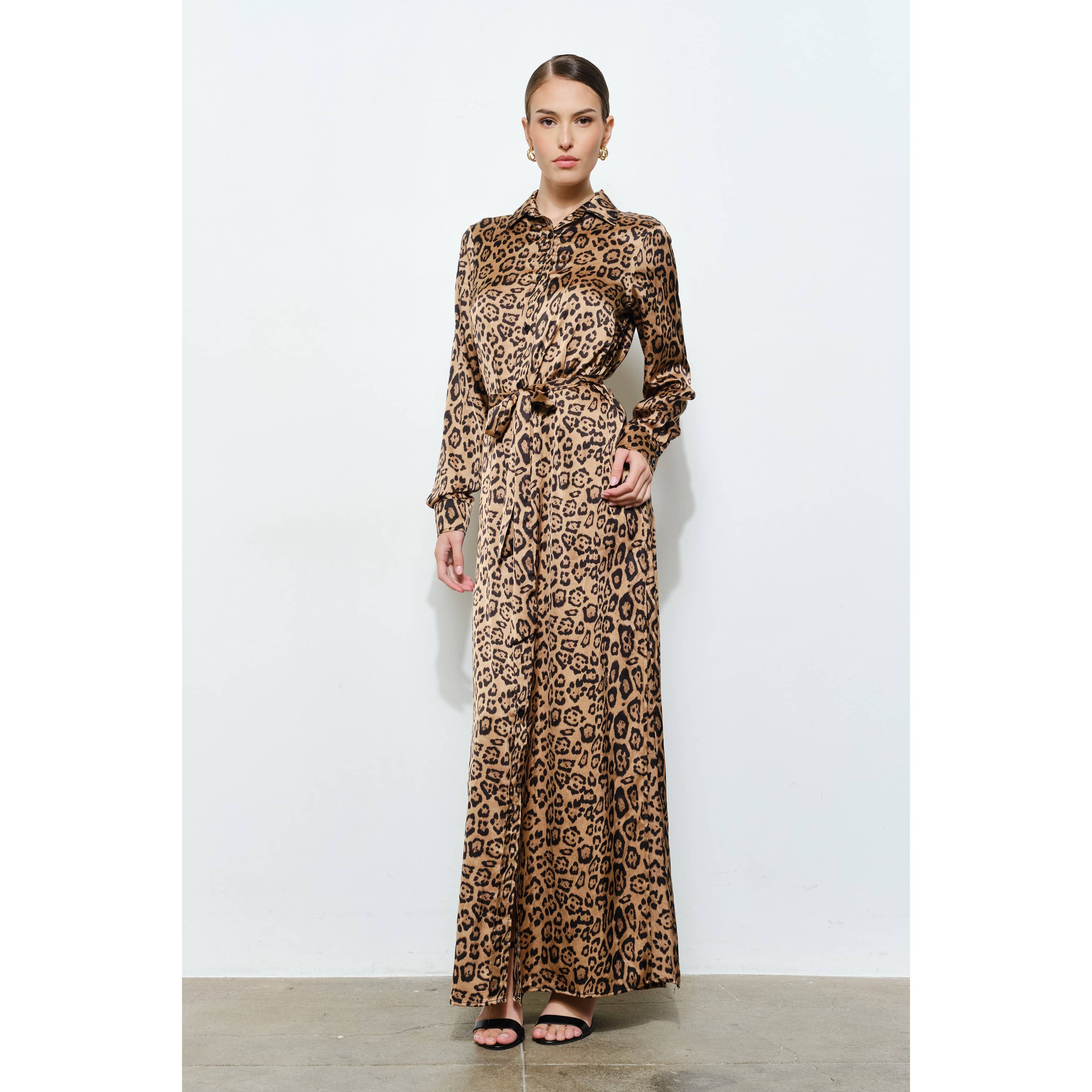 Chic Leopard Print Satin Waist Tie Slit Maxi Dress for wholesale on Faire1