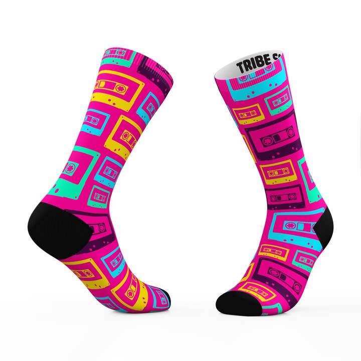 Neon Cassette Tape Crew Socks for wholesale by Tribe Socks