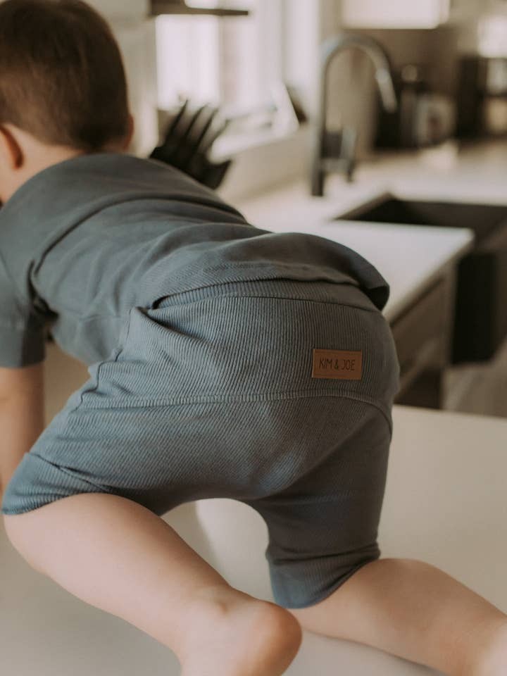 Pastel blue ribbed bamboo convertible shorts/capris for wholesale by Kim & Joe