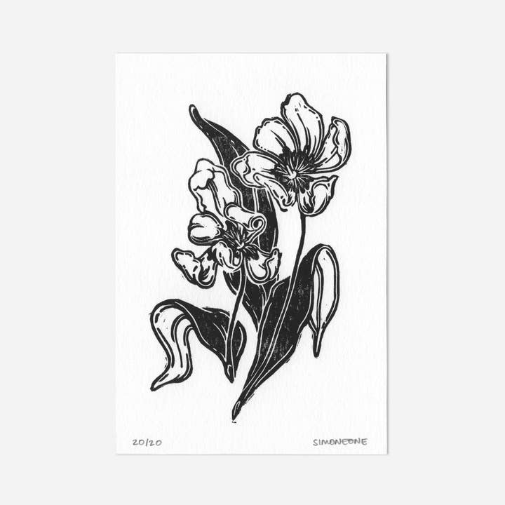 Impression sur linogravure « Tulipes » pour la vente par Papergem