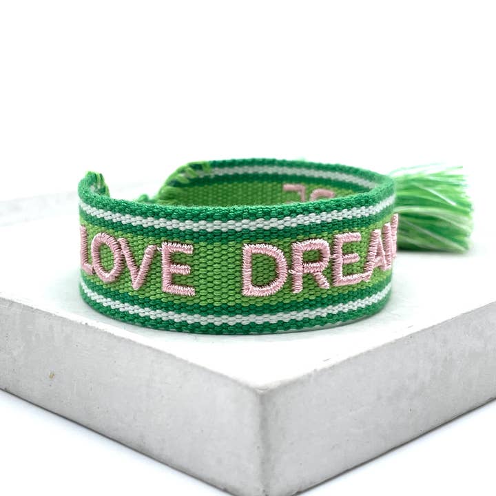 LOVE DREAM HOPE statement bracelet woven, embroidered for wholesale by Parsley & Pepper