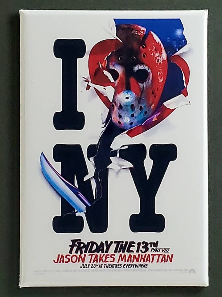 VENDREDI 13, aimant, bouton, miroir, JASON TAKES MANHAT pour la vente par Ba Ba Buttons